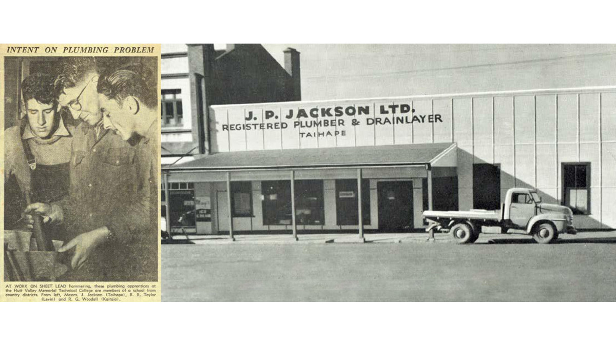 Ian made the headlines while an apprentice with his father and appeared in the Dominion newspaper in June 1956. (left) The JP Jackson plumbing company was established by Ian's father, Jim, in Tiahape. (right)