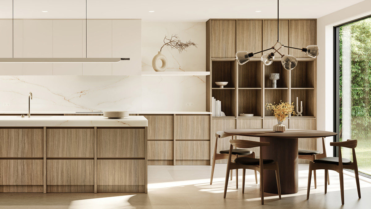 Melteca Danish Walnut and Chalk White cabinetry with Laminam Supernova Marble Gold benchtop and splashback.