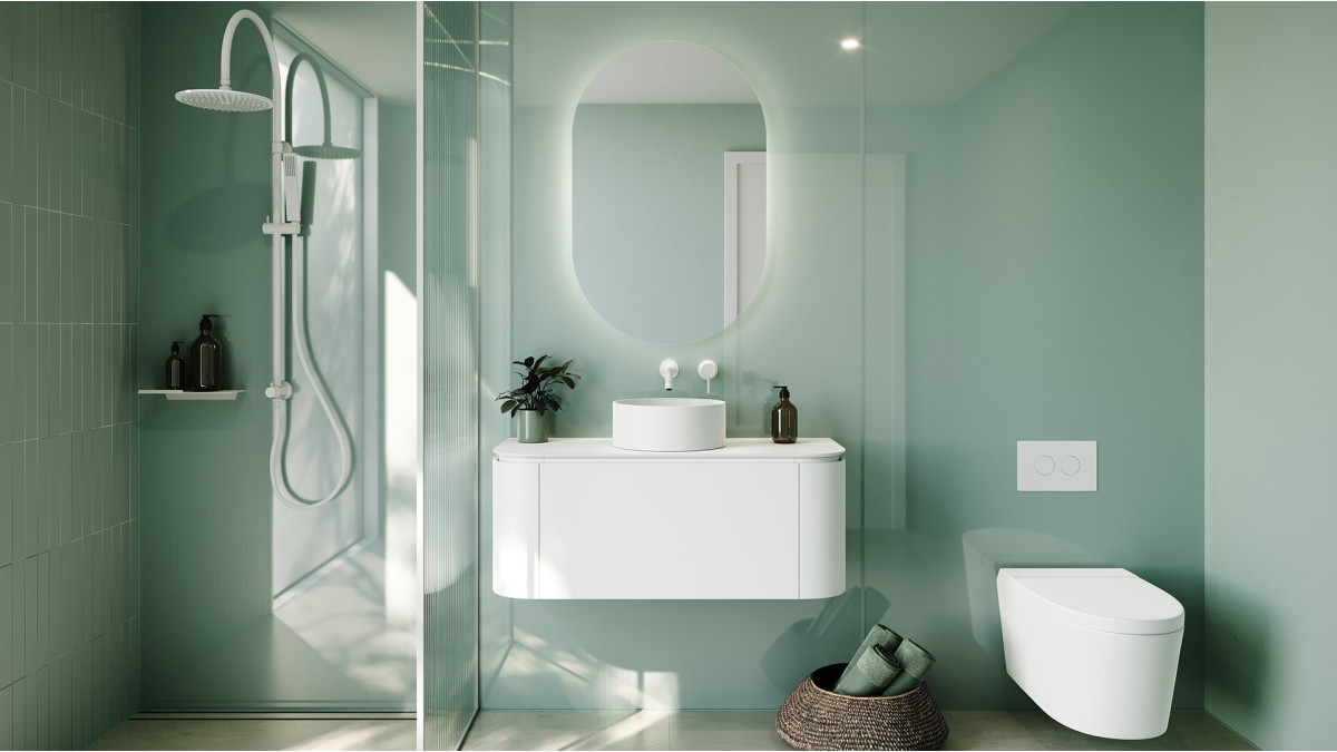 Bathroom walls: Seratone AQUA PLUS Mineral.<br />
Flooring: Laminam Naturali Travertino Avorio.