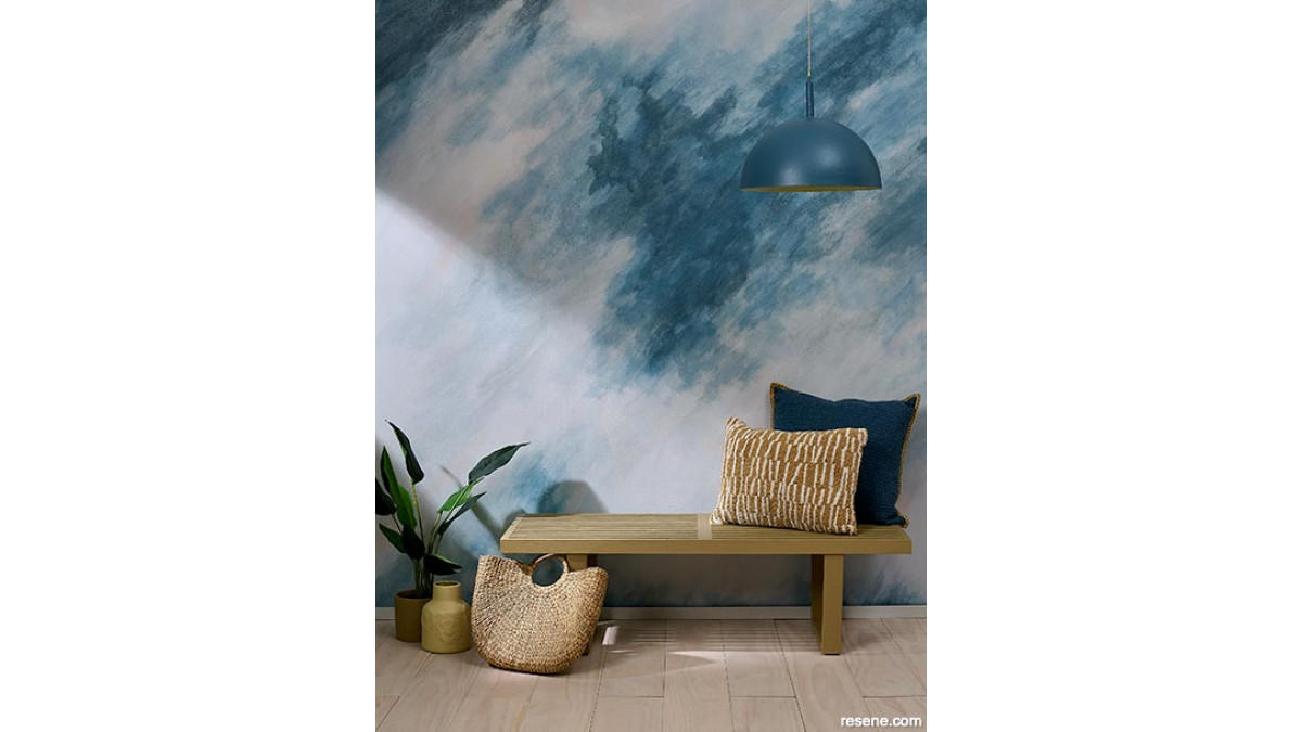 Clever use of a mural wall design can give you the sense of being surrounded by the sea, even when you don't live near the coast.<br />
<br />
Mural painted in Resene White Pointer, Resene Half Breathless, Resene Half Dusted Blue, Resene Seachange, Resene San Juan and Resene Soothe.