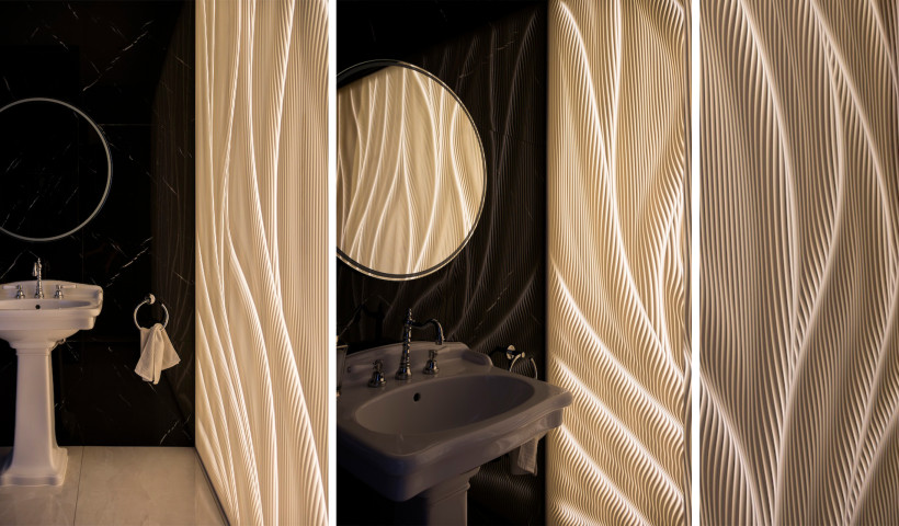 Unique Bathroom Features Captivating Interplay of Light and Texture